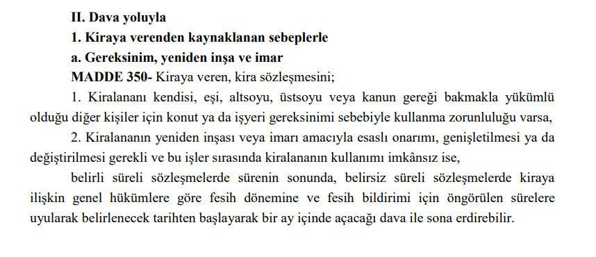İhtiyaç nedeniyle tahliye davasında kanuni dayanak: TBK M. 350 vd.